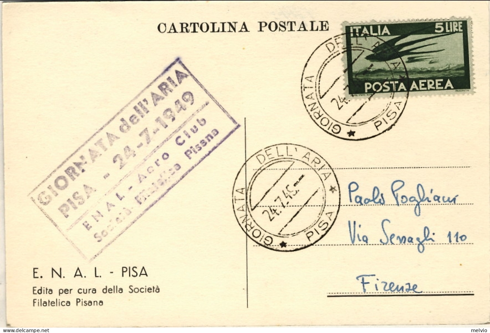 1949-cartolina Illustrata Giornata Dell'aria-Pisa Edita Per Cura Della Societa'  - Manifestations