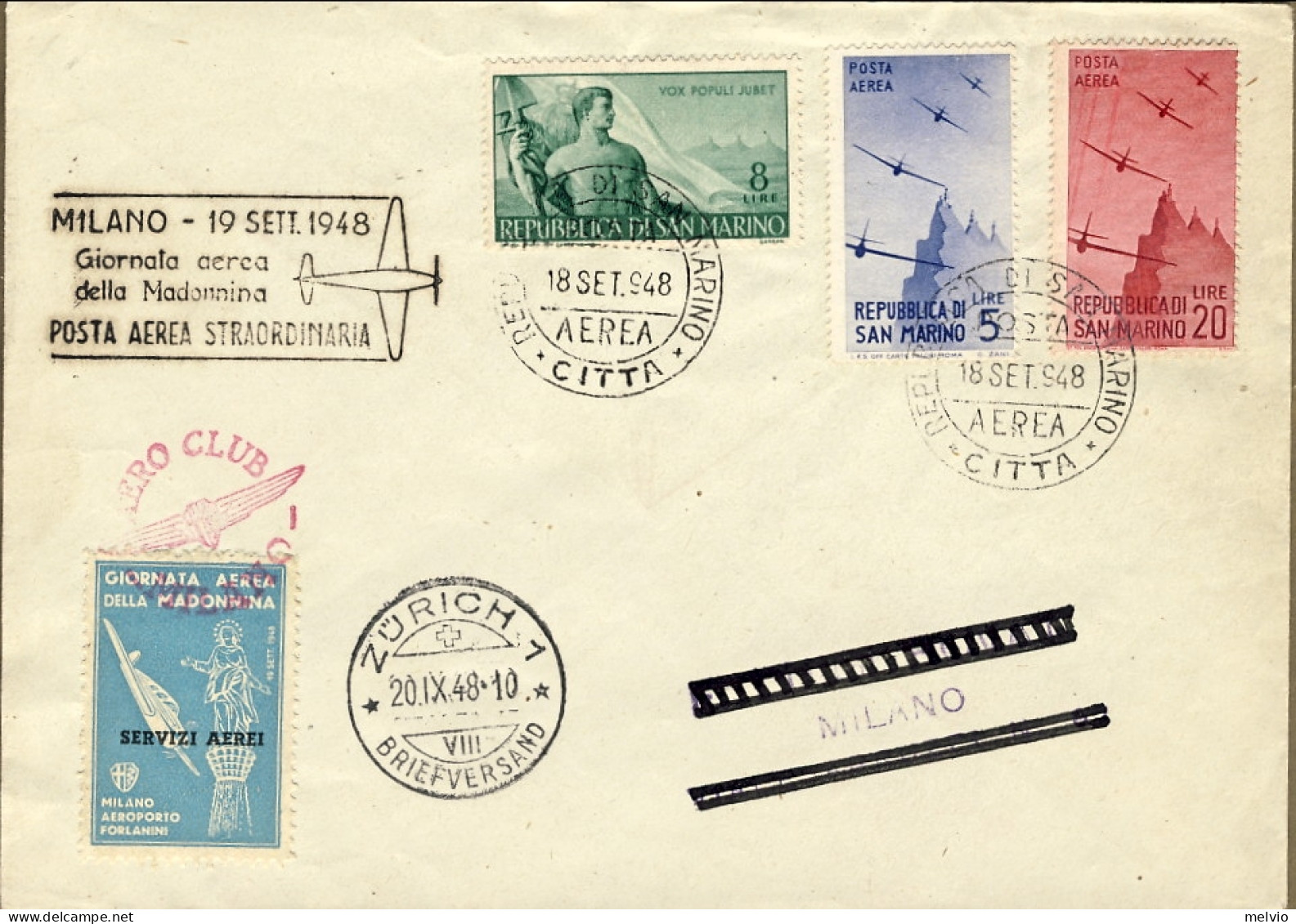 San Marino-1948 Giornata Aerea Della Madonnina Milano Su Busta Affr. L.8 Lavorat - Airmail