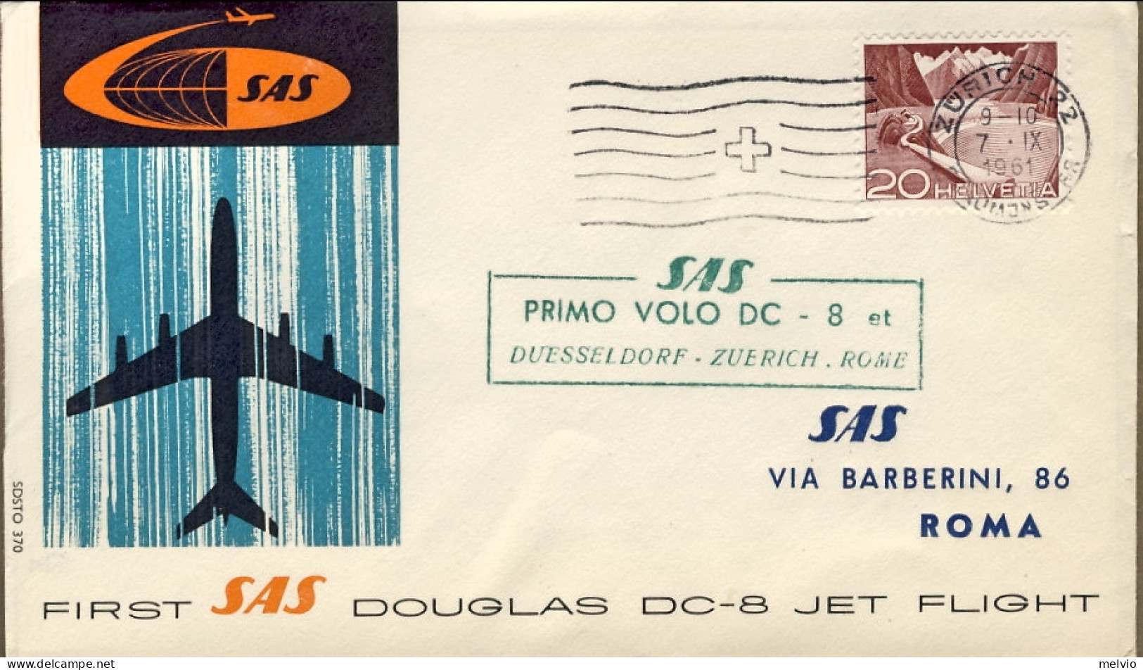 1961-Svizzera I^volo SAS DC 8 Zurigo Roma Del 7 Settembre - Eerste Vluchten