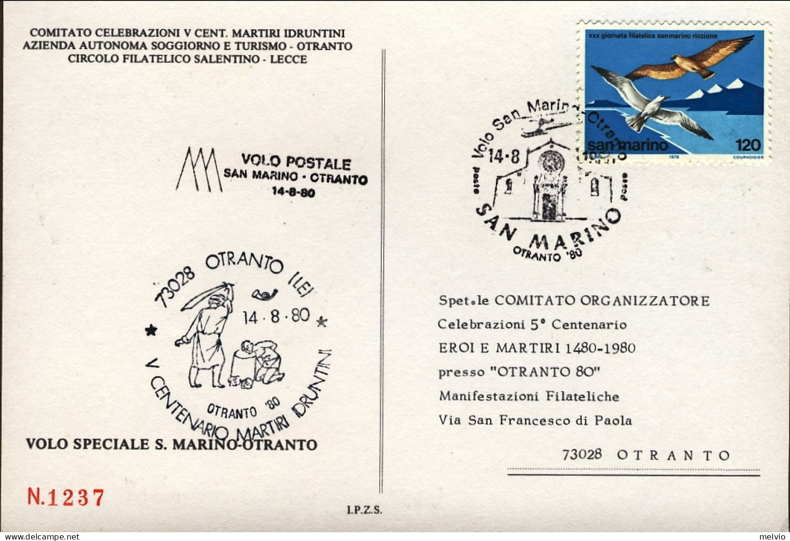 San Marino-1980 Cartolina Illustrata Manifestazione Filateliche Otranto Volo Spe - Luftpost