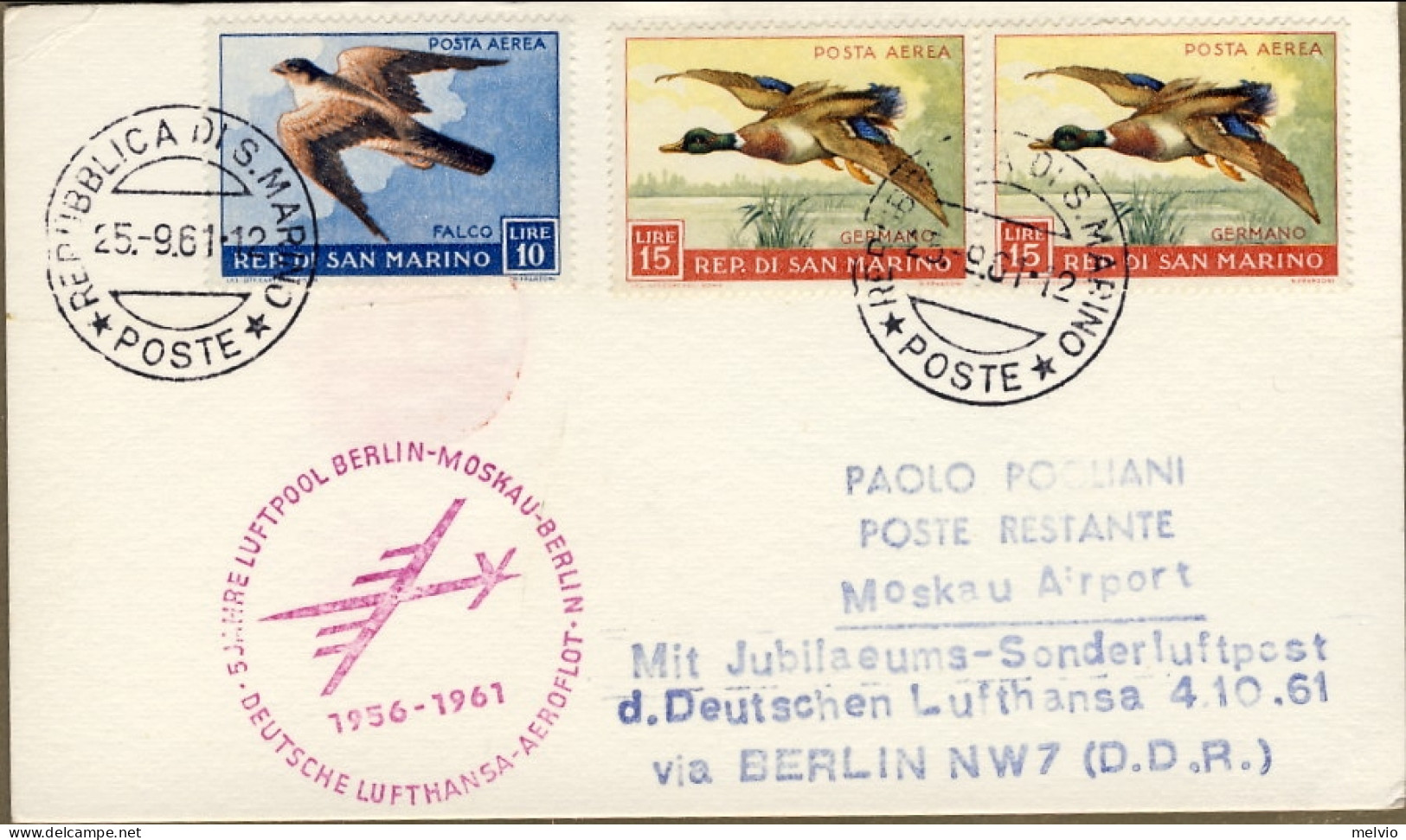 San Marino-1961 Cartolina Per Via Aerea Diretta A Mosca Con Bollo Figurato Della - Airmail