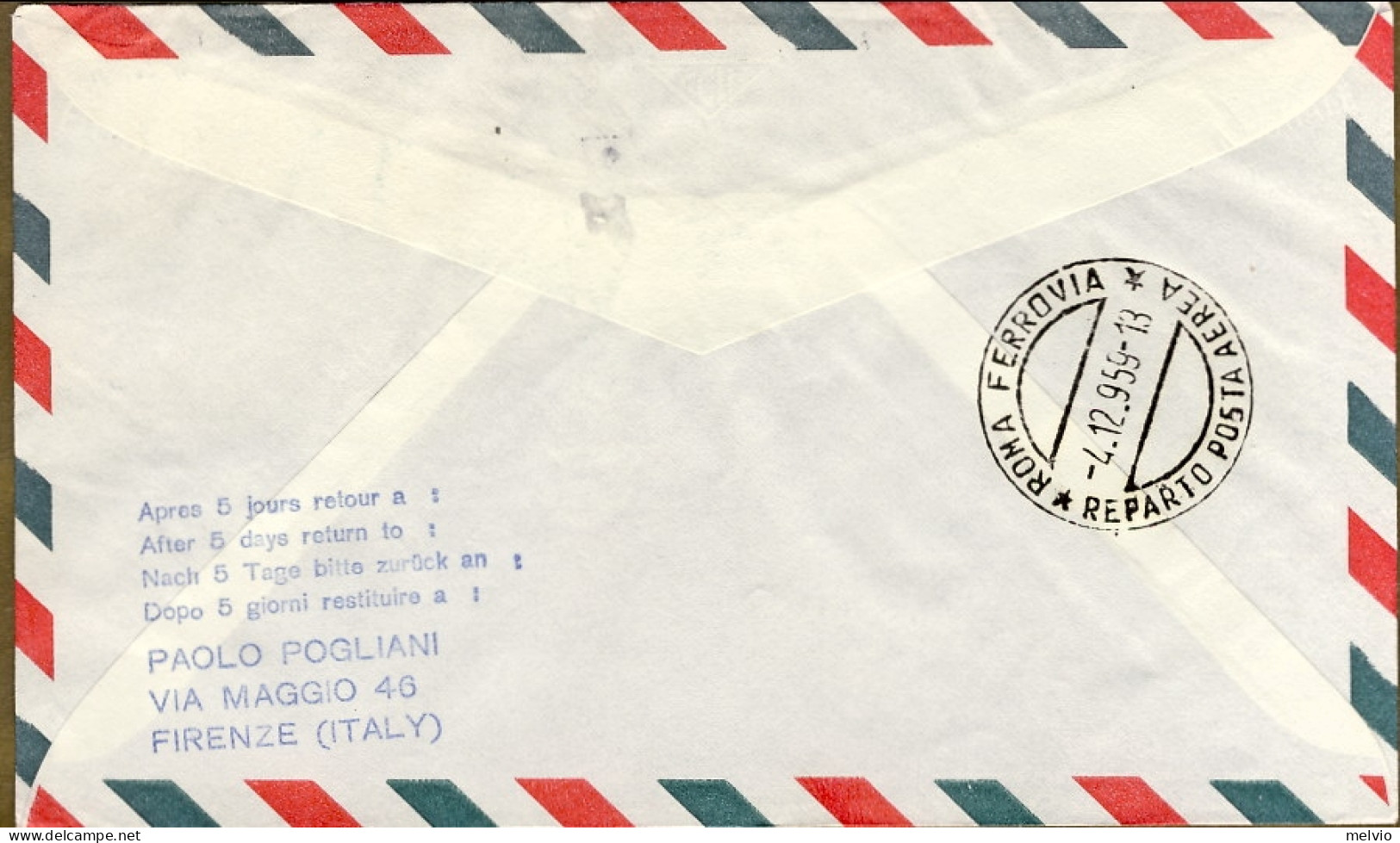 1959-U.S.A. Bollo Amaranto I^volo FAM 27 New York Roma Del 3 Dicembre - Autres & Non Classés