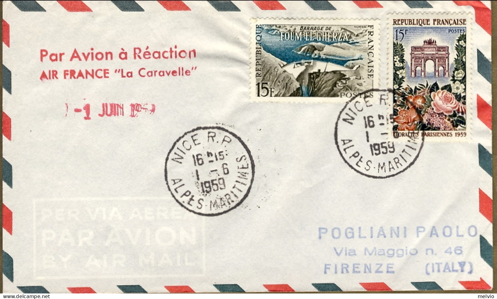 1959-France Francia Bollo Viola I^volo Air France Caravelle Nizza-Roma Del 1 Giu - Sonstige & Ohne Zuordnung