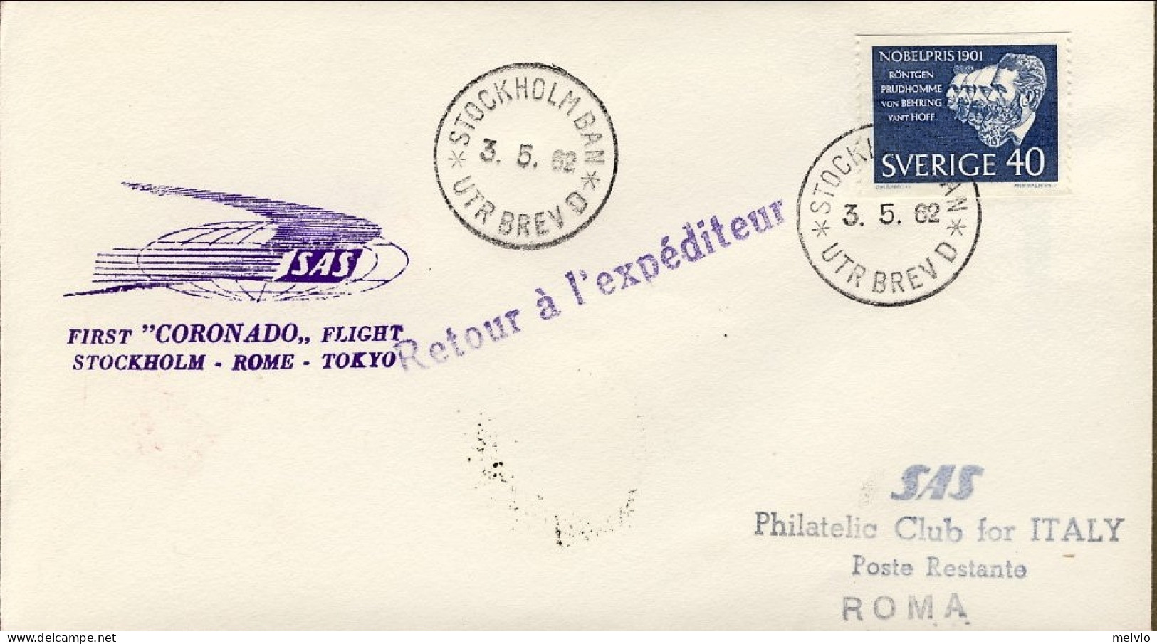 1962-Svezia Con Bollo Viola SAS I^volo Coronado Stoccolma-Roma Del 3 Maggio - Storia Postale