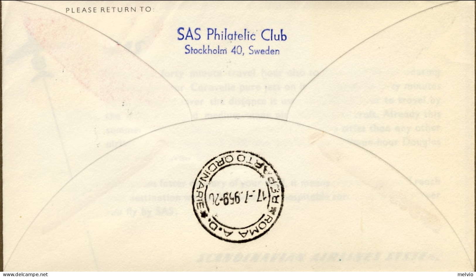 1959-Svezia Bollo Violetto SAS I^volo Caravelle Stoccolma-Roma Del 17 Luglio - Lettres & Documents