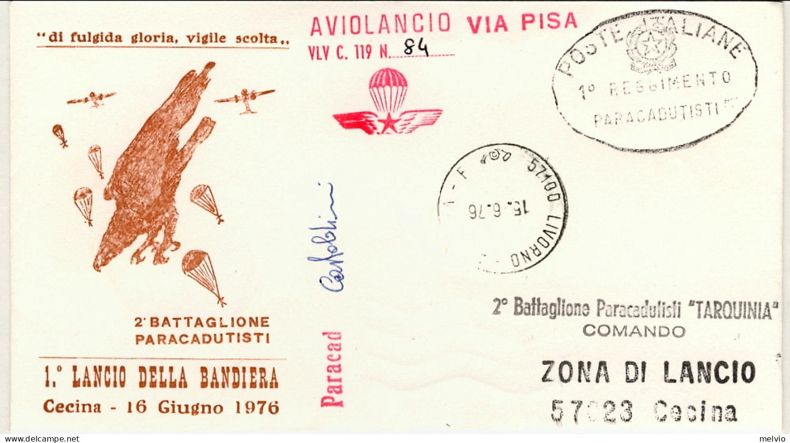 1976-I Lancio Della Bandiera Cecina Bollo Poste Italiane 1 Reggimento Paracaduti - Régiments