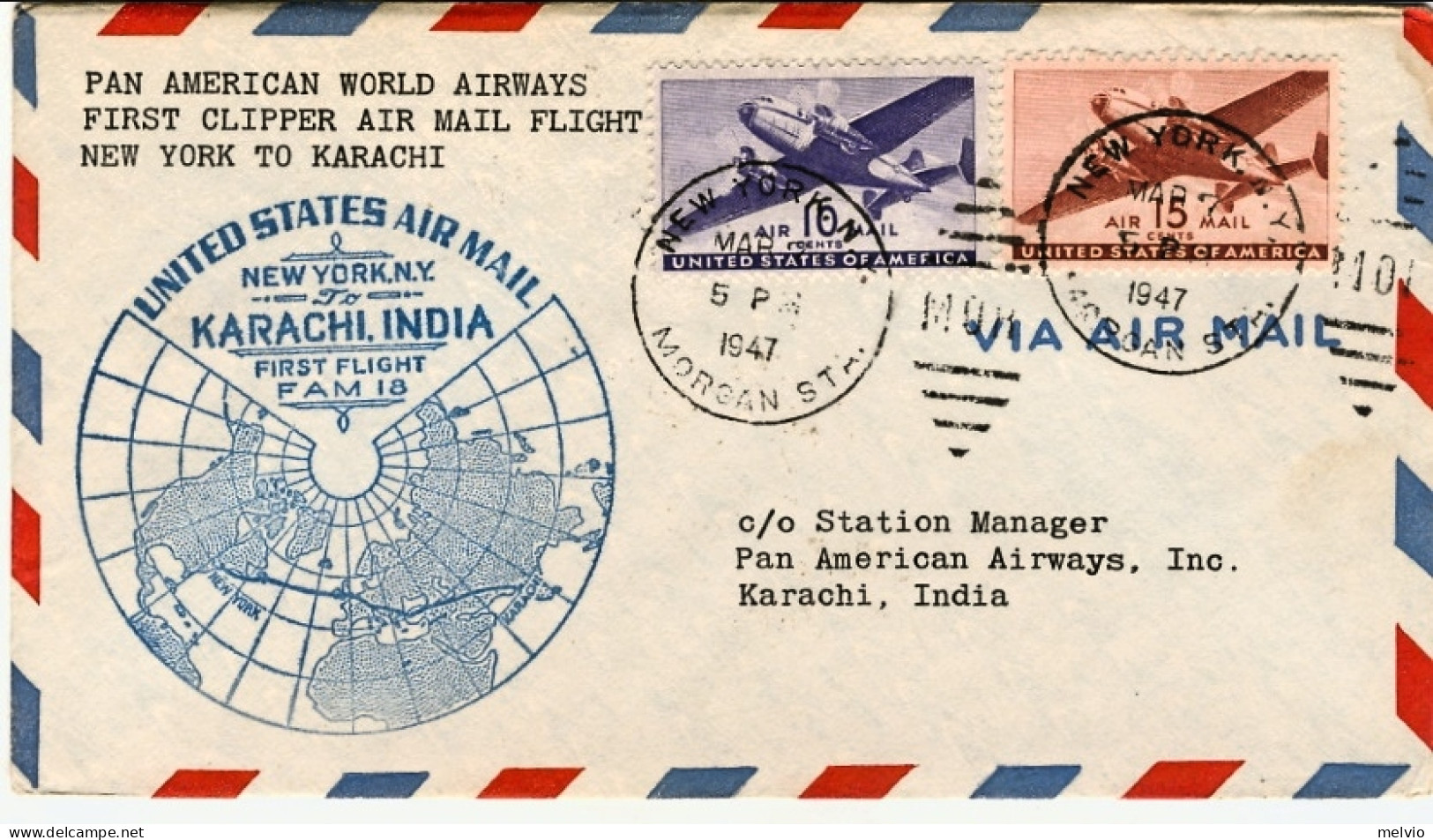 1947-U.S.A. Bollo Azzurro FAM 18 New York To Karachi,India - Otros & Sin Clasificación