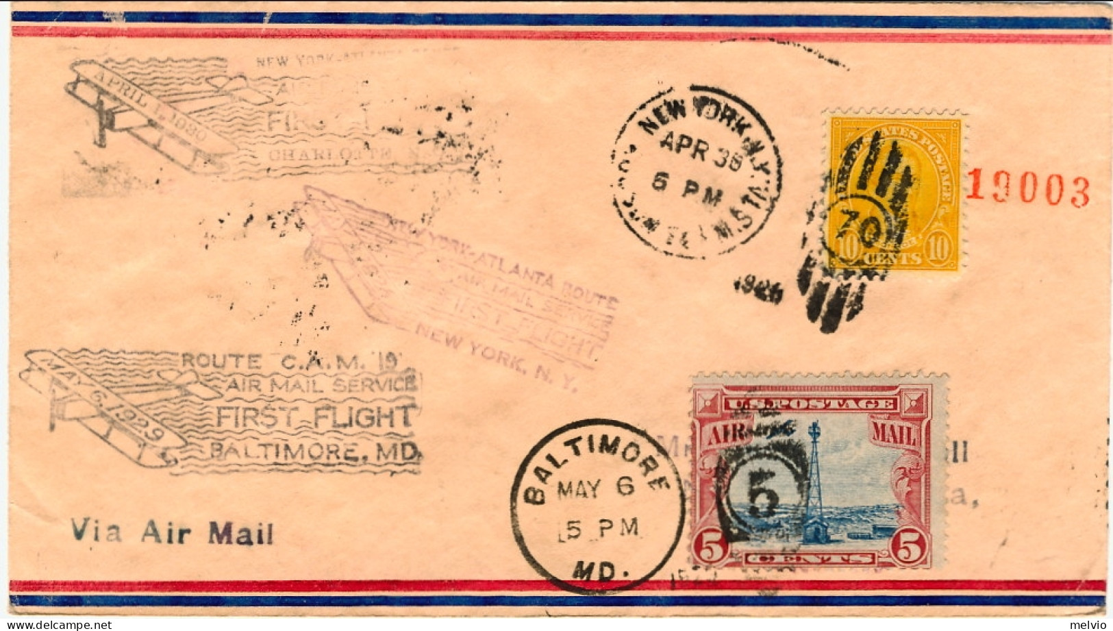 1930-U.S.A. Tre Diversi Bolli Della Route CAM19 New York Baltimore Charlotte - 1c. 1918-1940 Storia Postale