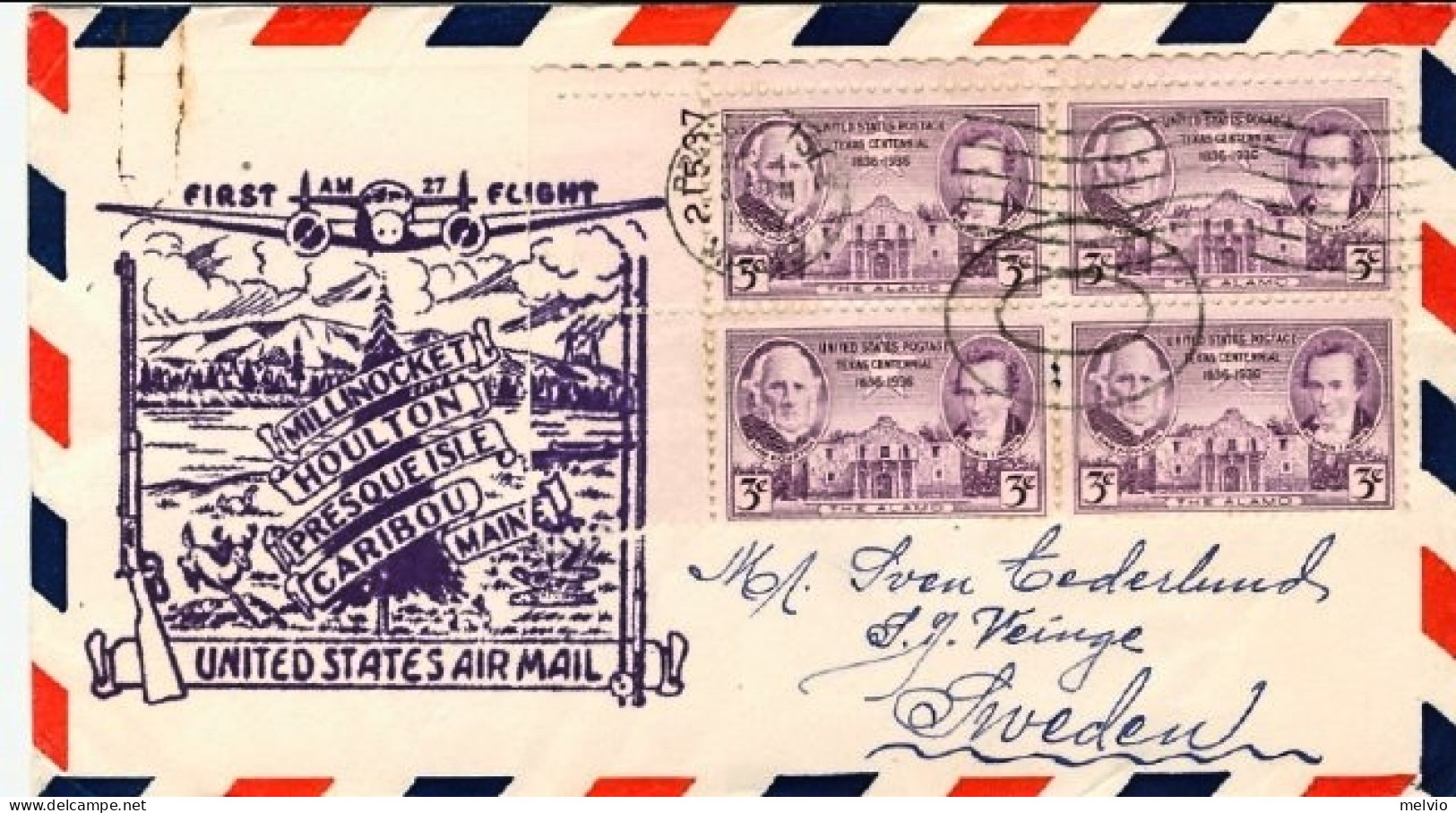 1937-U.S.A. Cachet Viola First Flight AM 27 Millinocket, Al Verso Vignetta Dell' - 1c. 1918-1940 Storia Postale