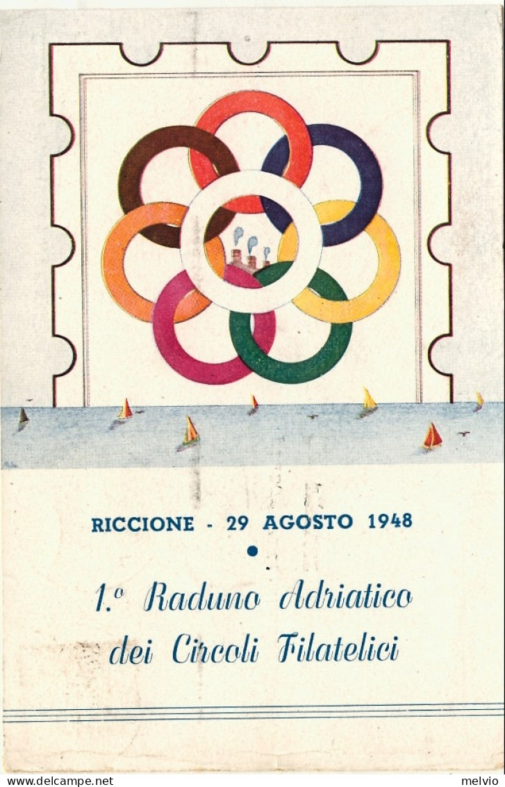 1948-Riccione Cartolina Illustrata I Raduno Adriatico Dei Circoli Filatelici Aff - Expositions