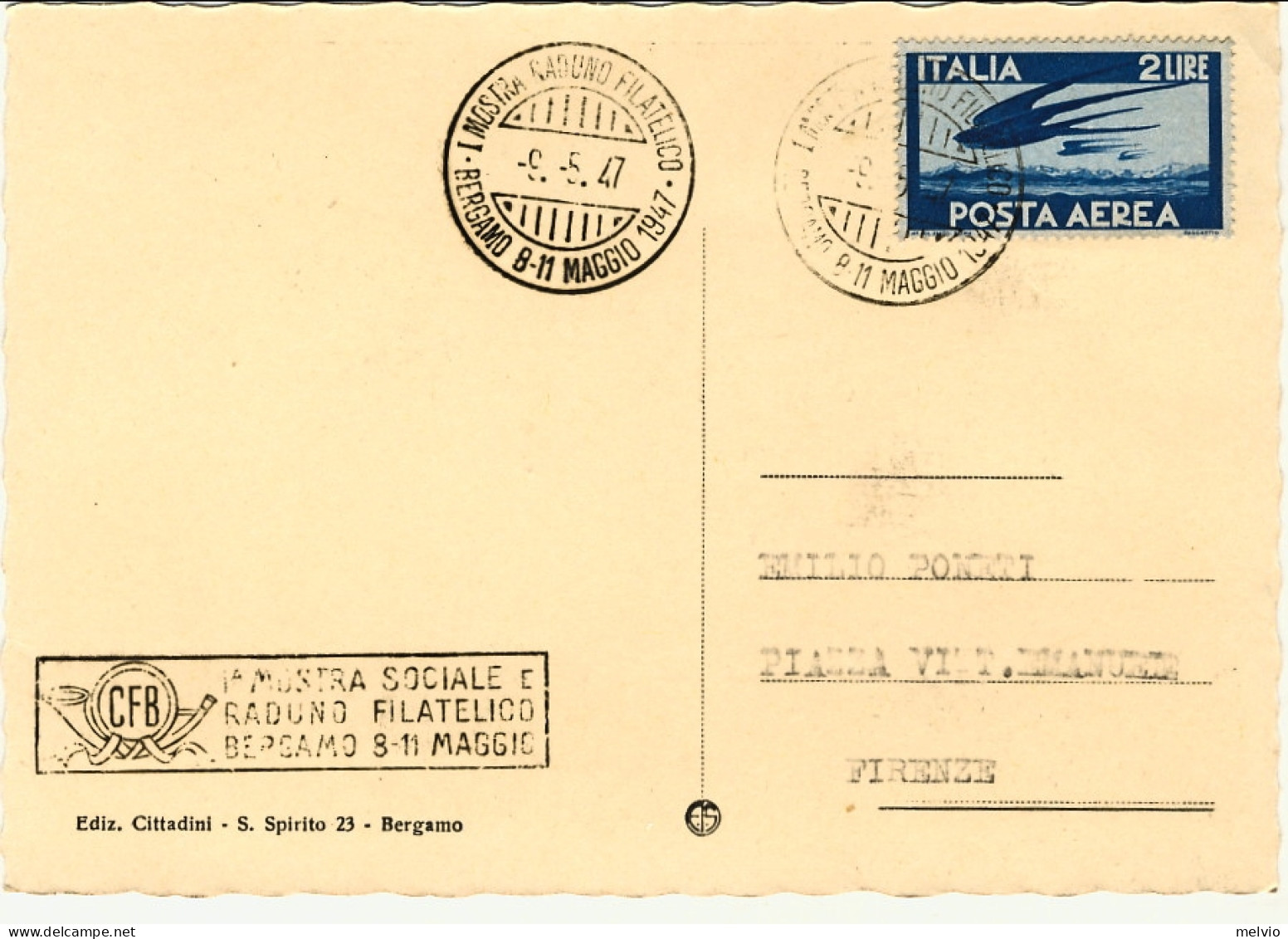 1947-cartolina Bergamo Il Centro Dai Giardini Affrancata Posta Aerea L.2 Rondini - Bergamo