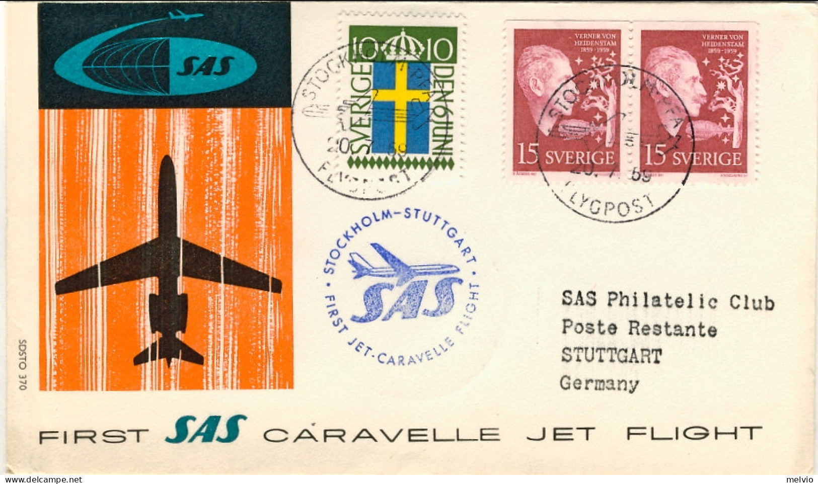 1959-Svezia I^volo SAS Stoccolma Stoccarda - Cartas & Documentos