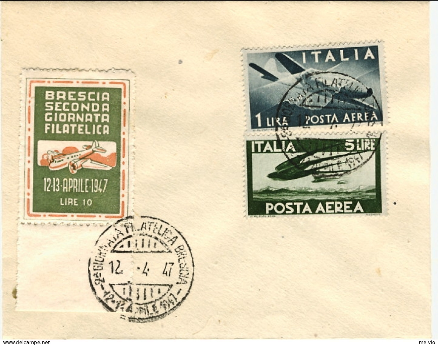 1947-busta Affrancata Posta Aerea L.1+L.5 +erinnofilo Brescia 2^ Giornata Filate - Erinofilia
