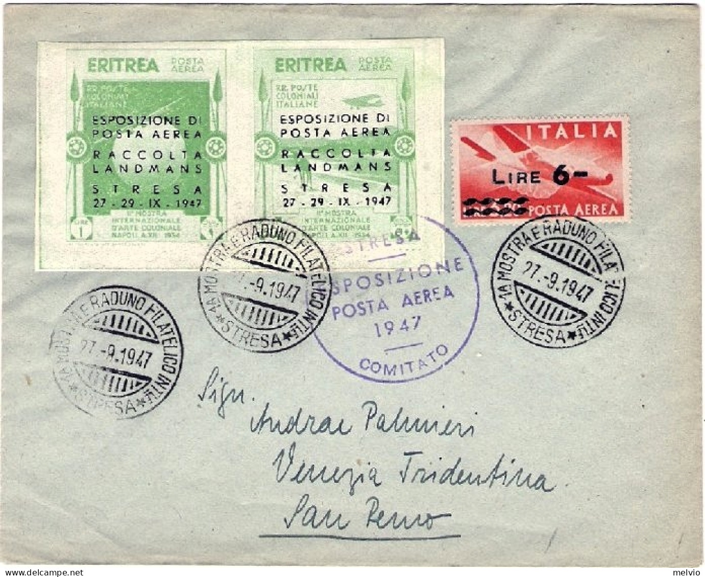 1947-coppia Erinnofili "esposizione Di Posta Aerea Raccolta Landmans Stresa" Com - Vignetten (Erinnophilie)