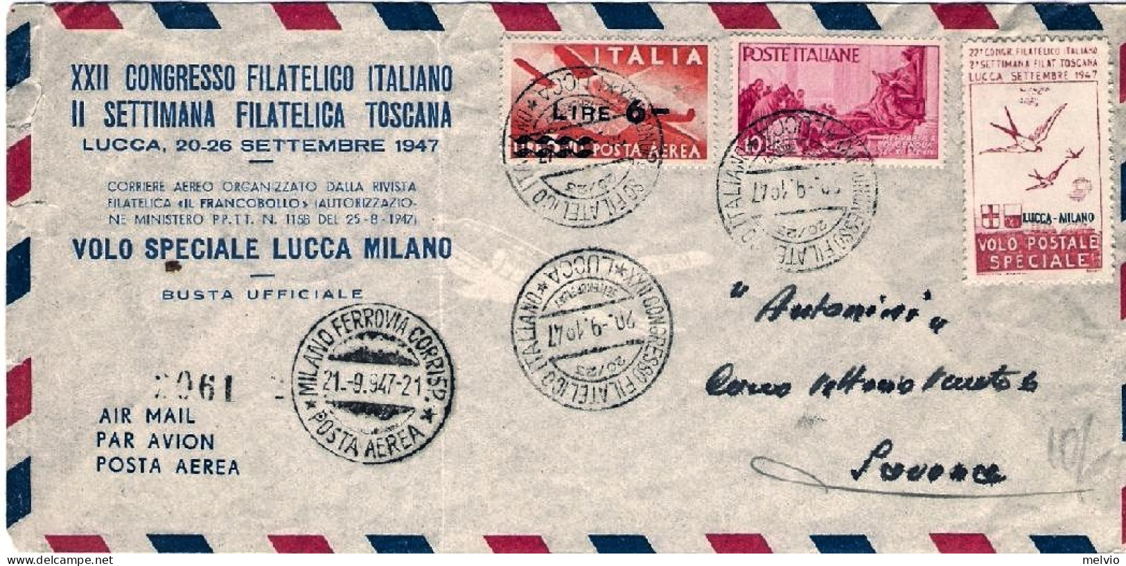 1947-busta Ufficiale Volo Speciale Milano Lucca Del 20 Settembre+XXII^congresso  - Erinnofilia