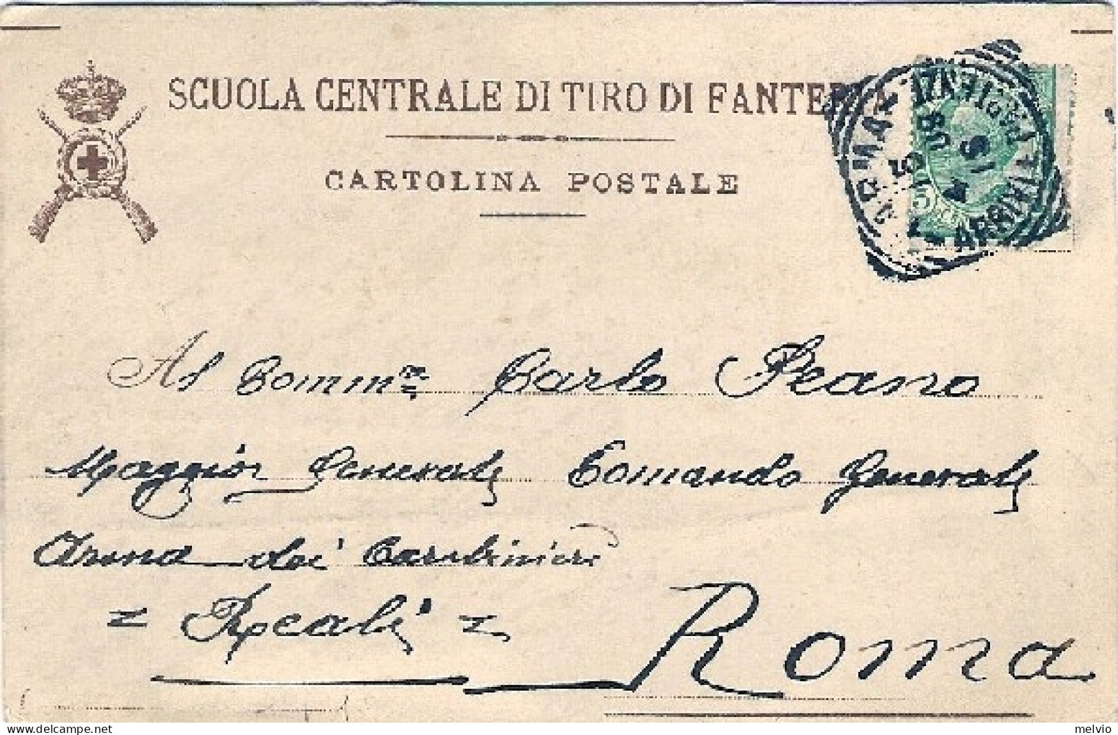 1909-cartolina Scuola Centrale Di Tiro Di Fanteria+erinnofilo Viaggiata - Vignetten (Erinnophilie)