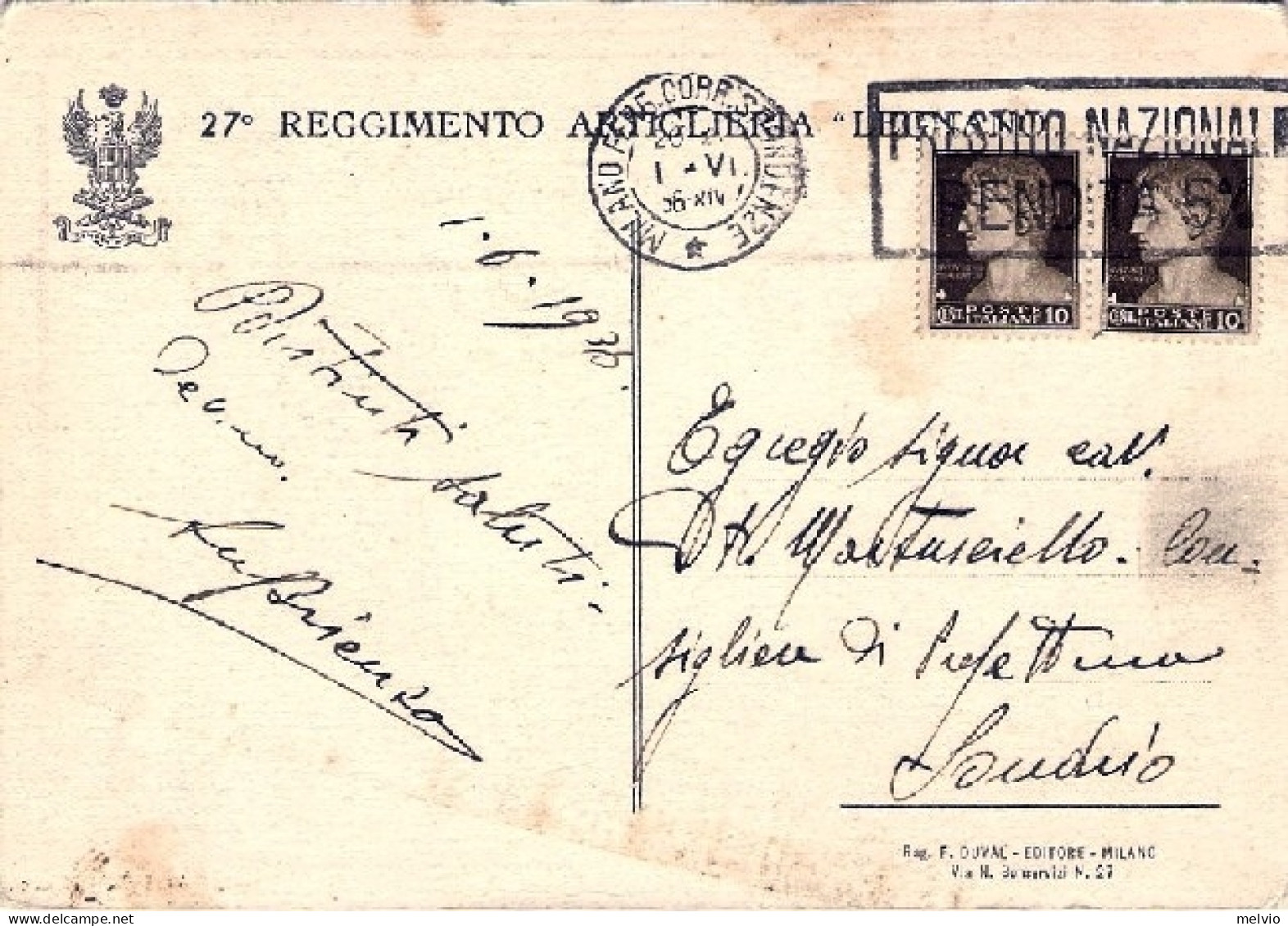 1936-cartolina 27 Reggimento Artiglieria Legnano Viaggiata - Régiments