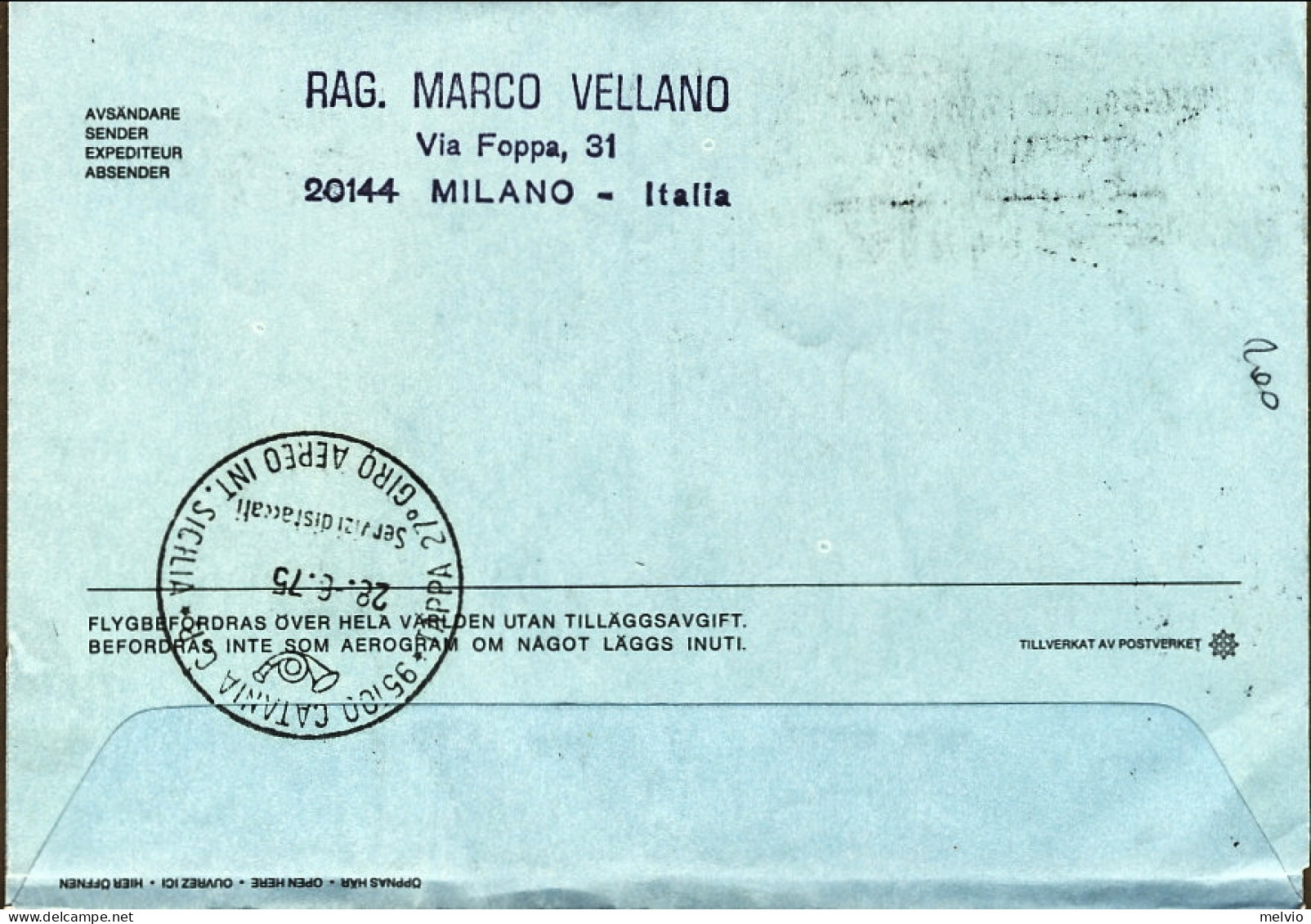 1975-Svezia XXVII^Giro Aereo Internazionale Della Sicilia Tappa Catania - Covers & Documents