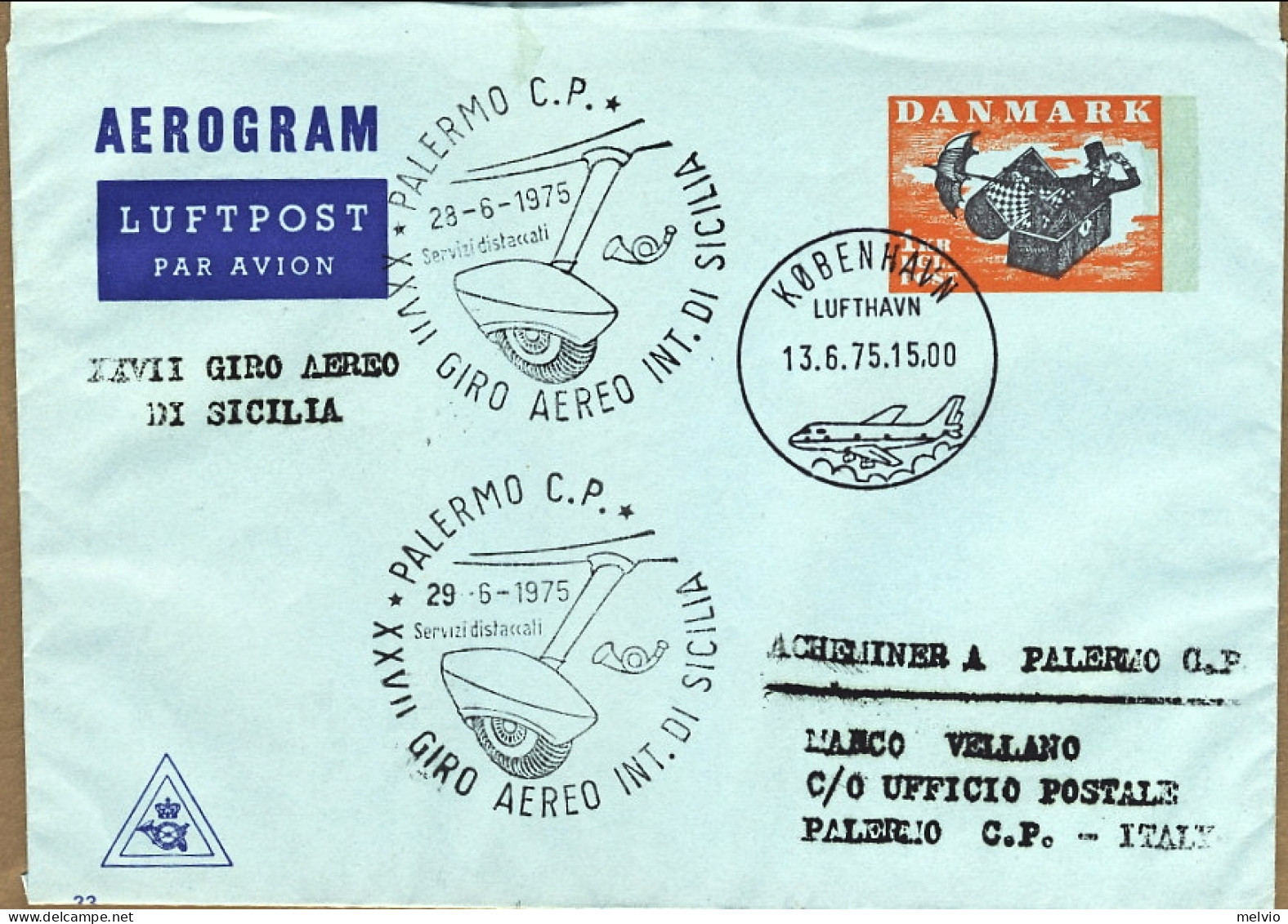 1975-Danimarca Biglietto Postale 1kr. XXVII^Giro Aereo Internazionale Della Sici - Posta Aerea