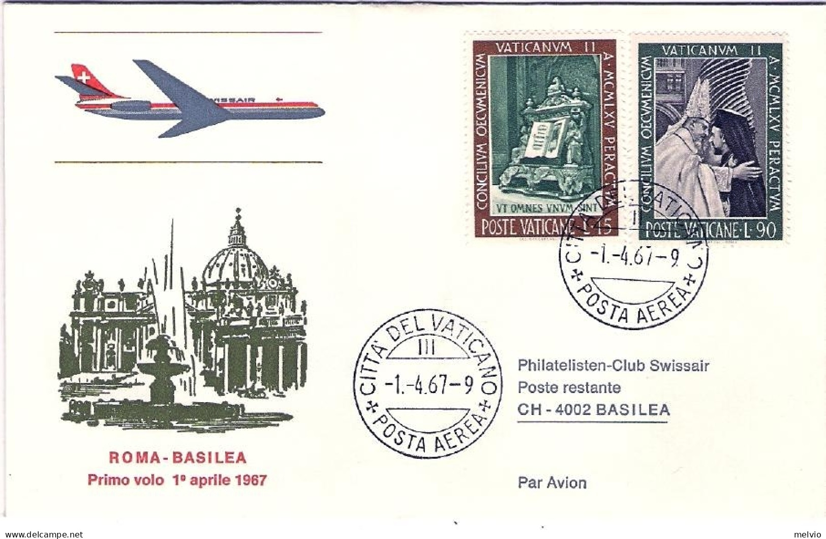 Vaticano-1967 I^volo Swissair Roma Basilea - Poste Aérienne