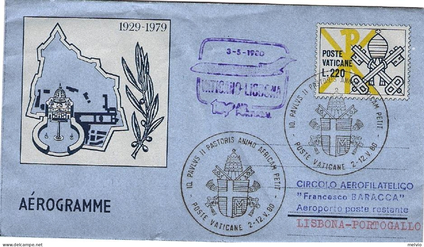 Vaticano-1980 L.220 50 Dello Stato I^volo Air Portugal Roma Lisbona - Airmail