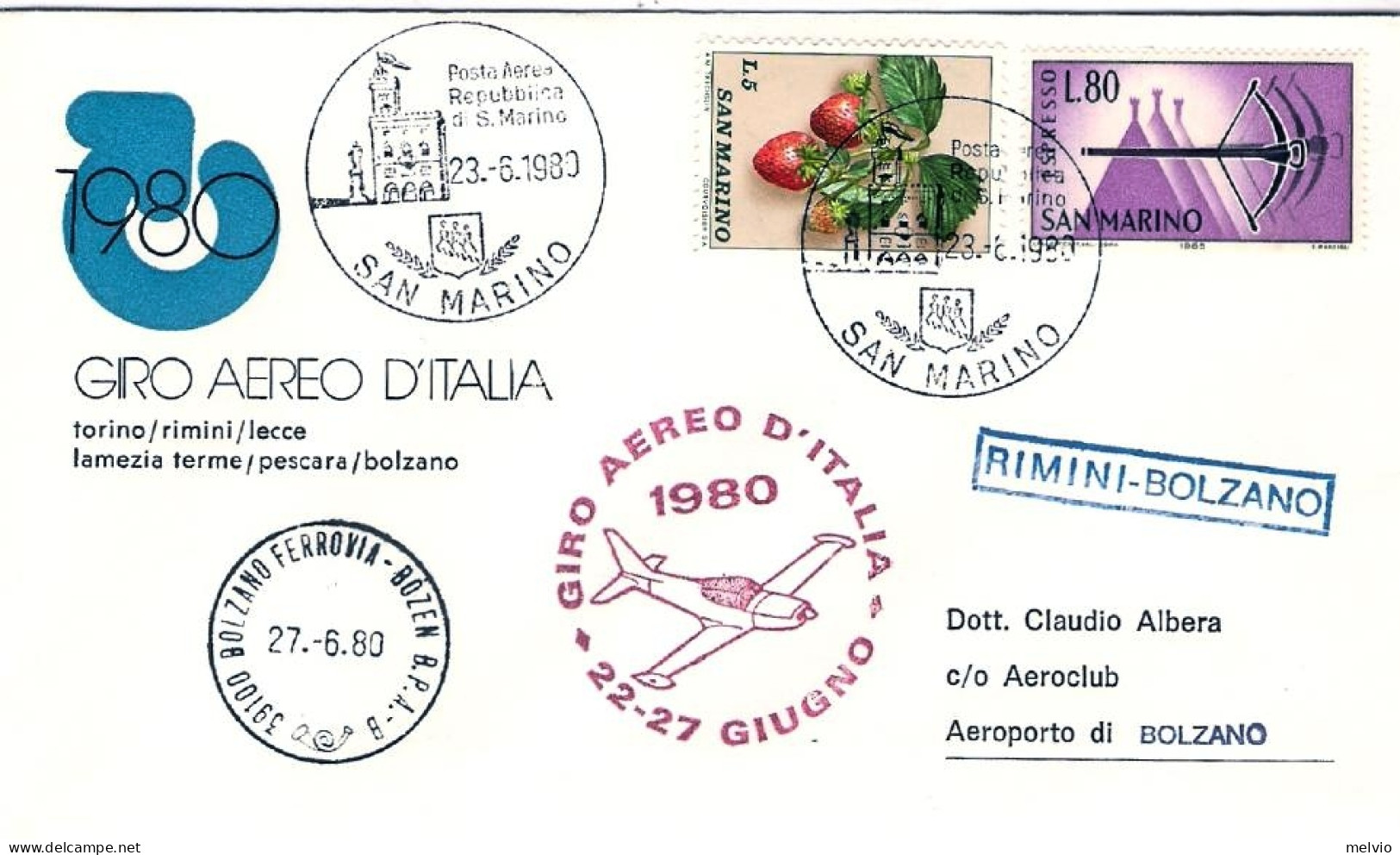 San Marino-1980 Giro Aereo D'Italia Tappa Rimini Bolzano - Poste Aérienne