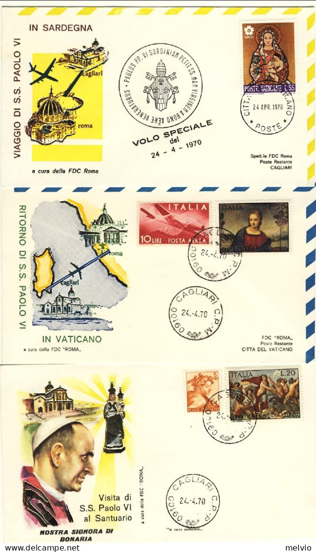 Vaticano-1970 Giro Completo Viaggio Di S.S. Paolo VI In Sardegna Tre Aerogrammi+ - Airmail