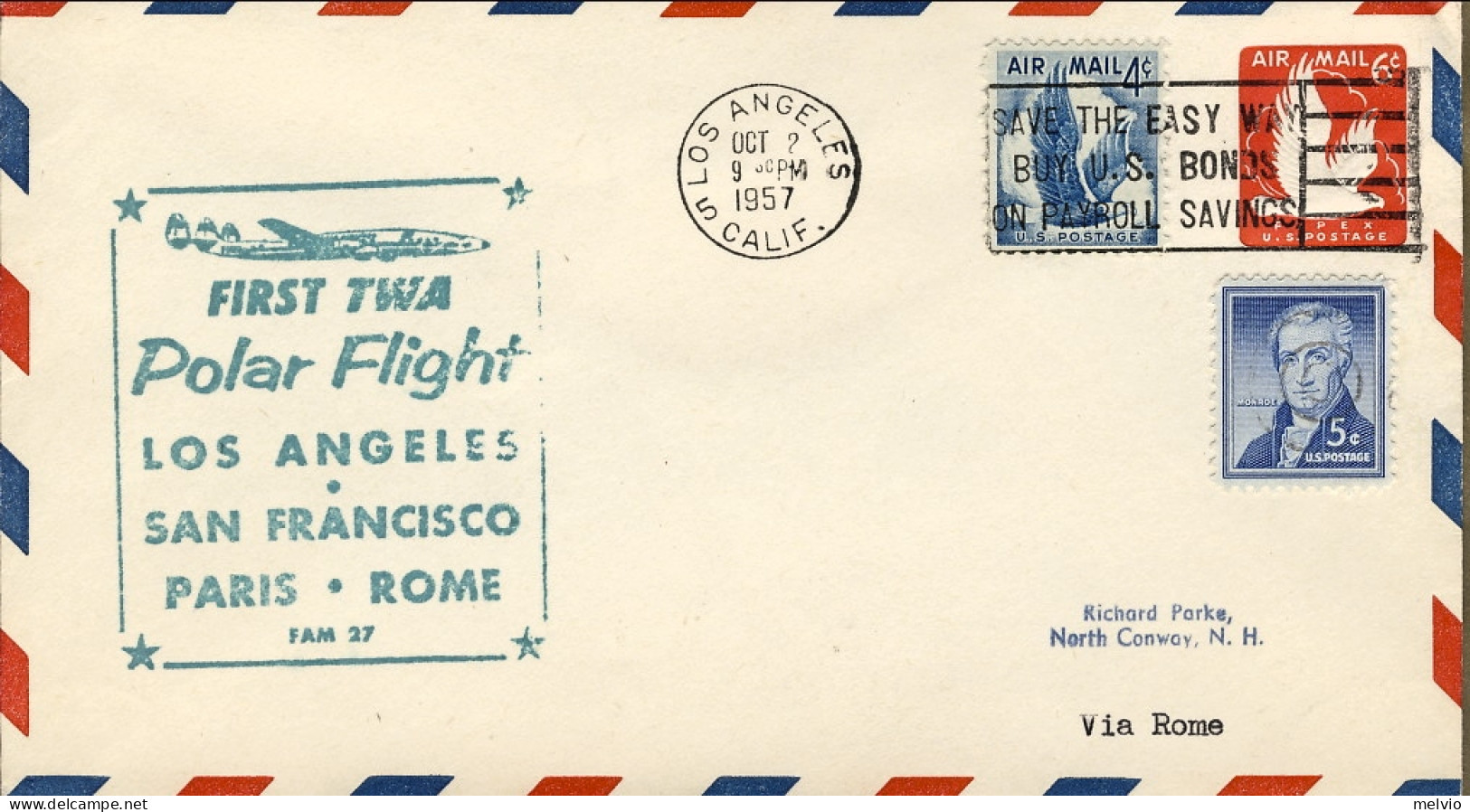 1957-U.S.A. Con Bollo Figurato Verde I^volo Polare TWA Los Angeles-Roma Del 2 Ot - Altri & Non Classificati