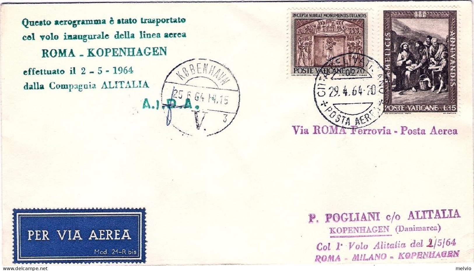 Vaticano-1964 I^volo Alitalia Milano Copenhagen Del 2 Maggio - Poste Aérienne