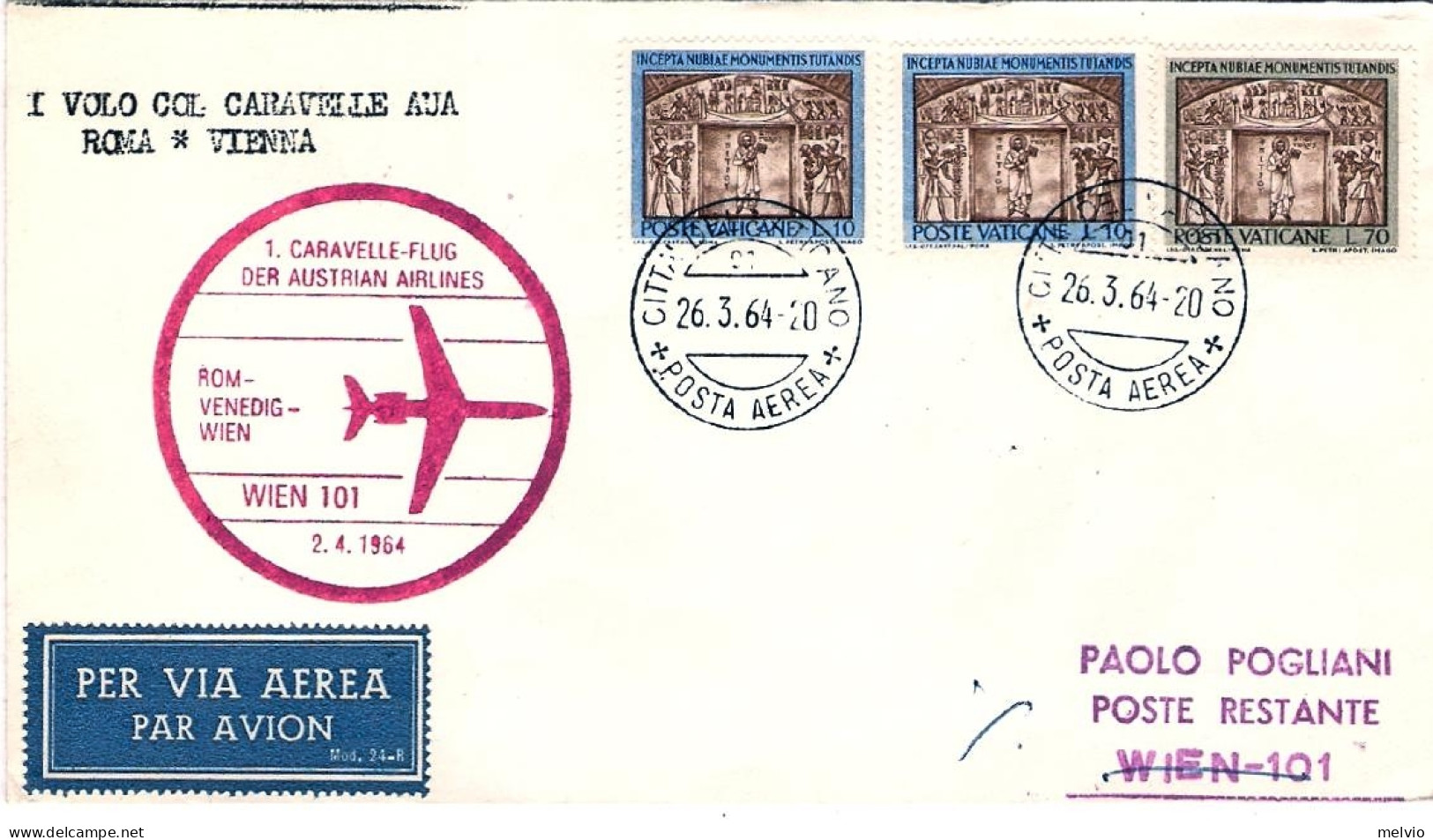 Vaticano-1964 AUA I^volo Roma Vienna Del 2 Aprile - Poste Aérienne