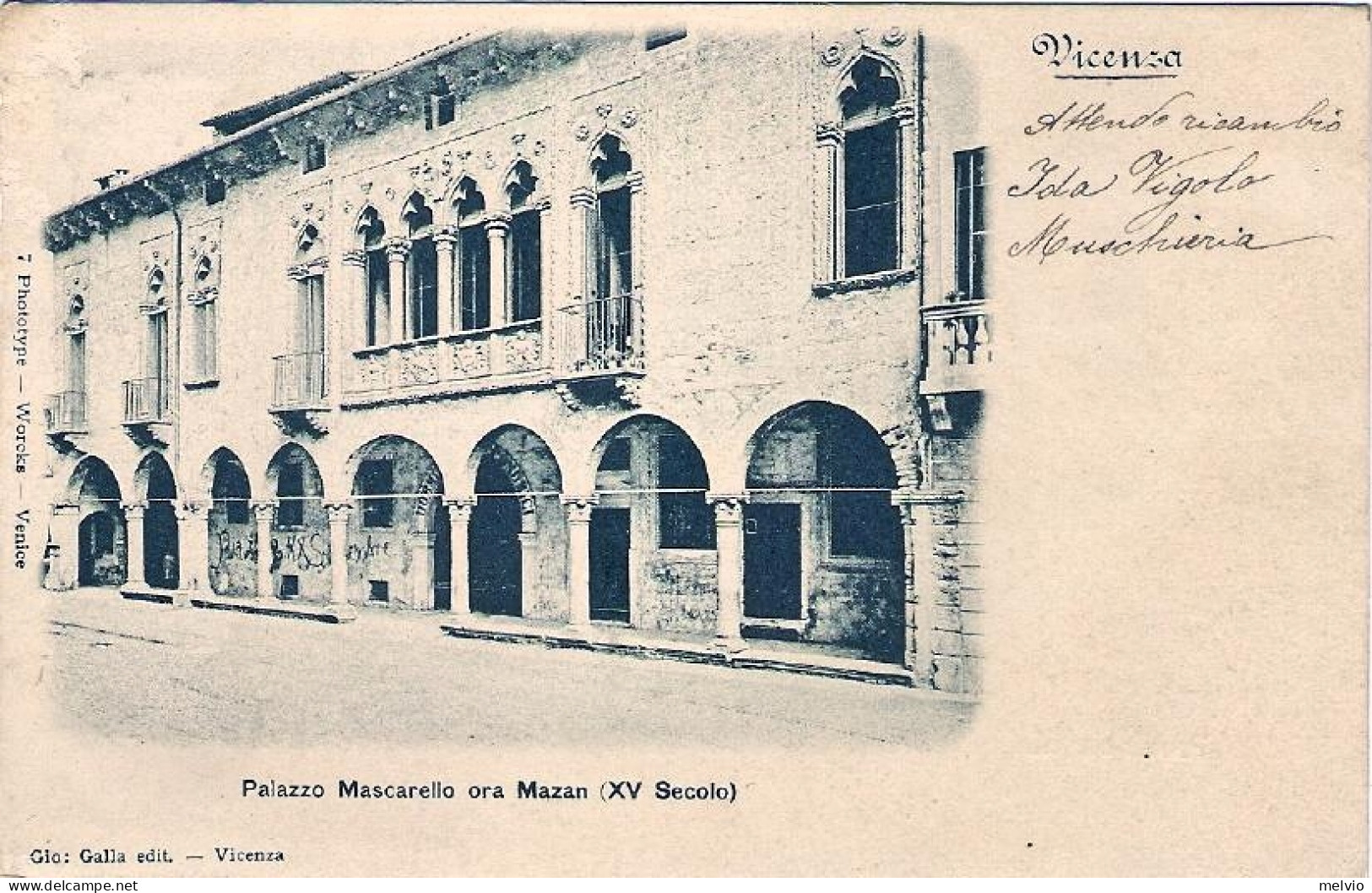 1900-cartolina Vicenza Palazzo Mascarello Ora Mazan Viaggiata - Vicenza