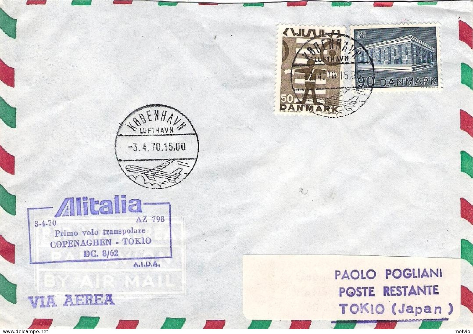 1970-Danimarca I^volo Transpolare Alitalia Copenhagen Tokyo Con DC 8/62 Del 3 Ap - Sonstige & Ohne Zuordnung