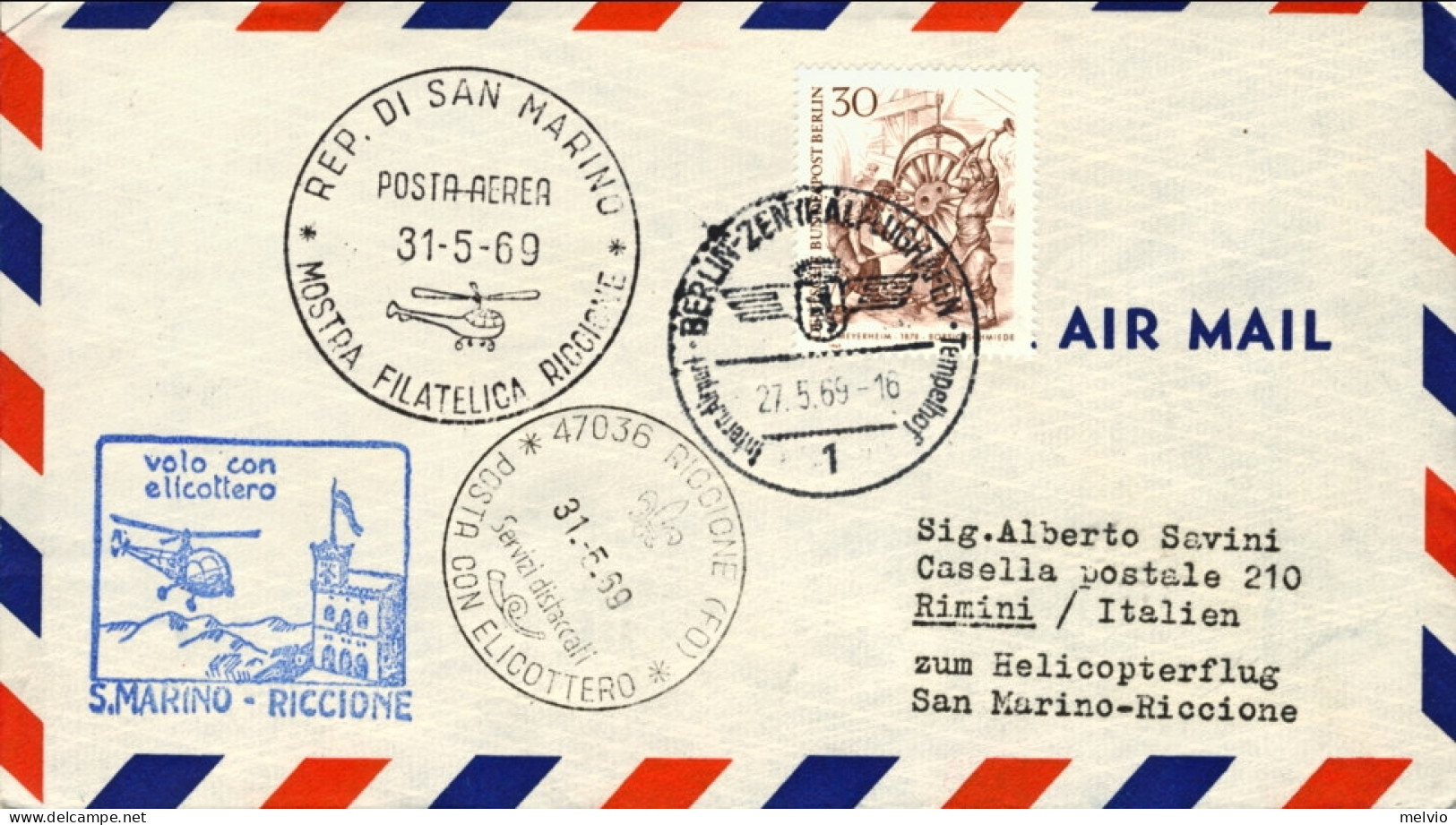 1969-Germania Berlino Bollo Blu Volo Con Elicottero San Marino Riccione Del 31 M - Cartas & Documentos