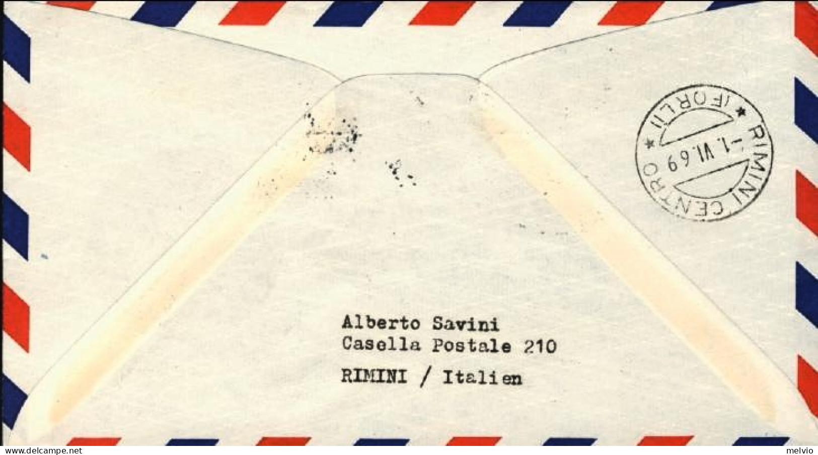 1969-Germania Berlino Bollo Blu Volo Con Elicottero San Marino Riccione Del 31 M - Covers & Documents