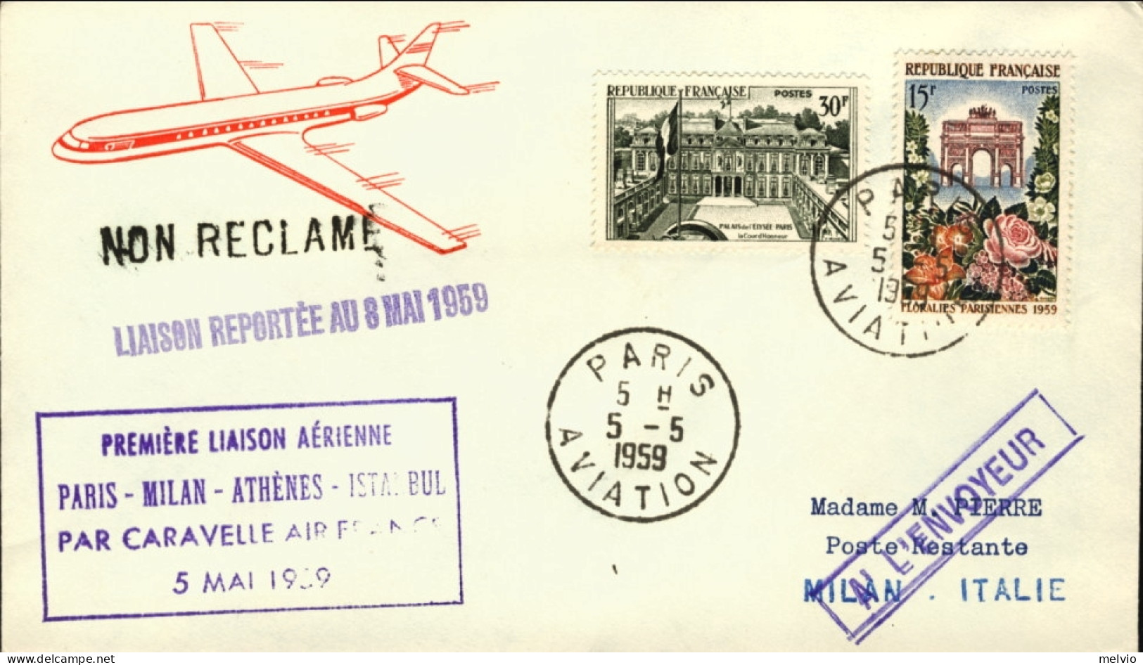 1959-France Francia Bollo Viola I^volo Air France Caravelle Parigi-Milano Del 5  - 1921-1960: Modern Period