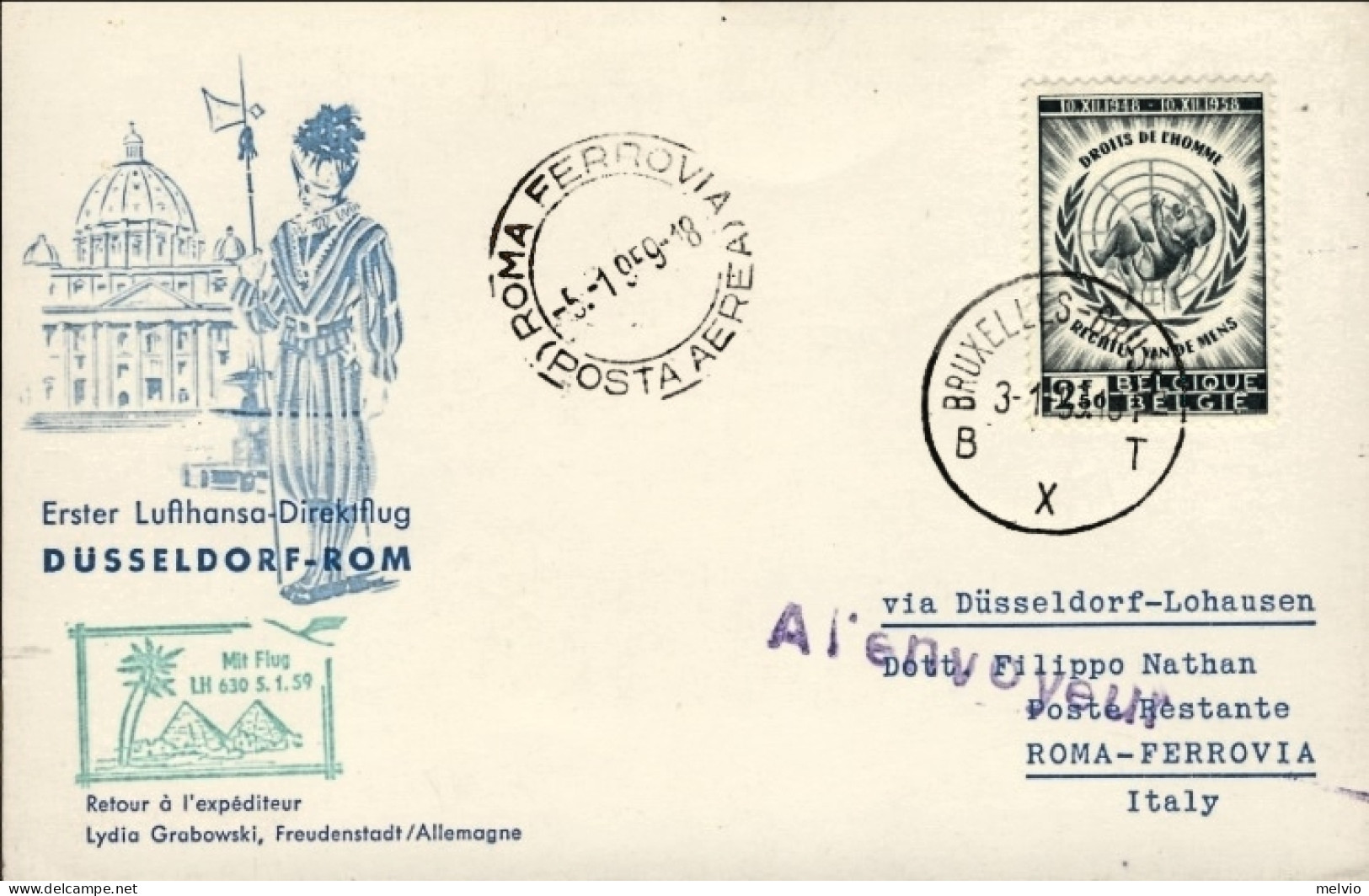 1959-Belgique Belgium Belgio Cat.Pellegrini N.907 Euro 55, Dusseldorf Roma Lufth - Storia Postale