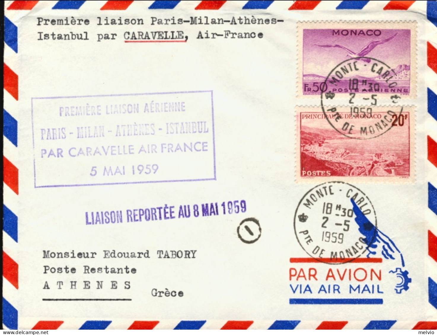 1959-Monaco Cat.Pellegrini N.941 Euro 75, I^volo Air France Montecarlo-Atene Del - Covers & Documents