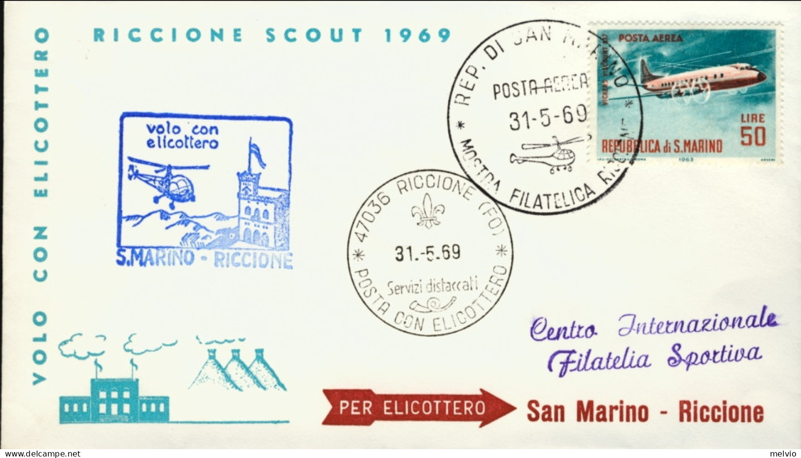 San Marino-1969 Volo Con Elicottero San Marino Riccione Del 31 Maggio - Poste Aérienne