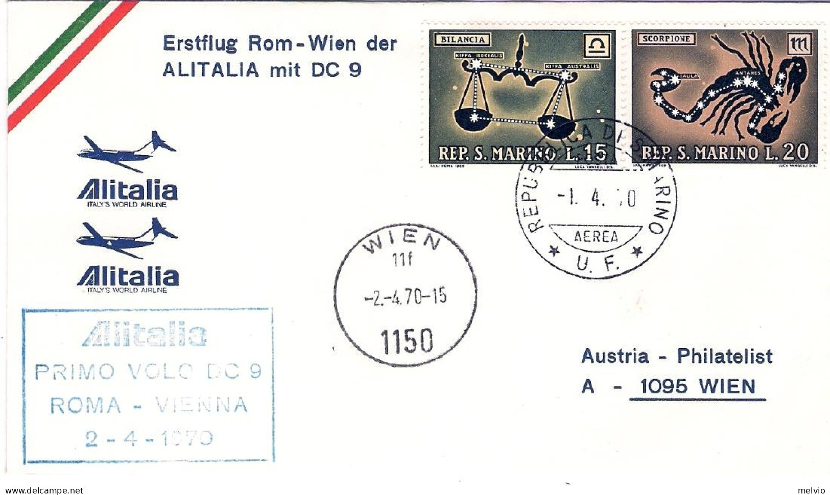 San Marino-1970 I^volo Alitalia Roma Vienna Del 2 Aprile - Poste Aérienne