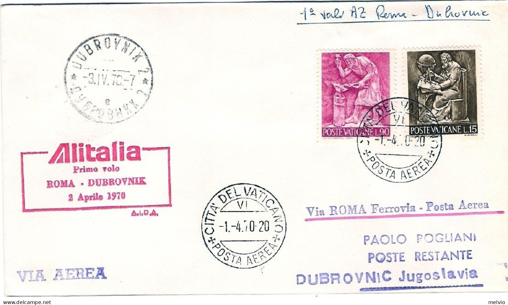 Vaticano-1970 I^volo Alitalia Roma Dubrovnic Del 2 Aprile - Poste Aérienne