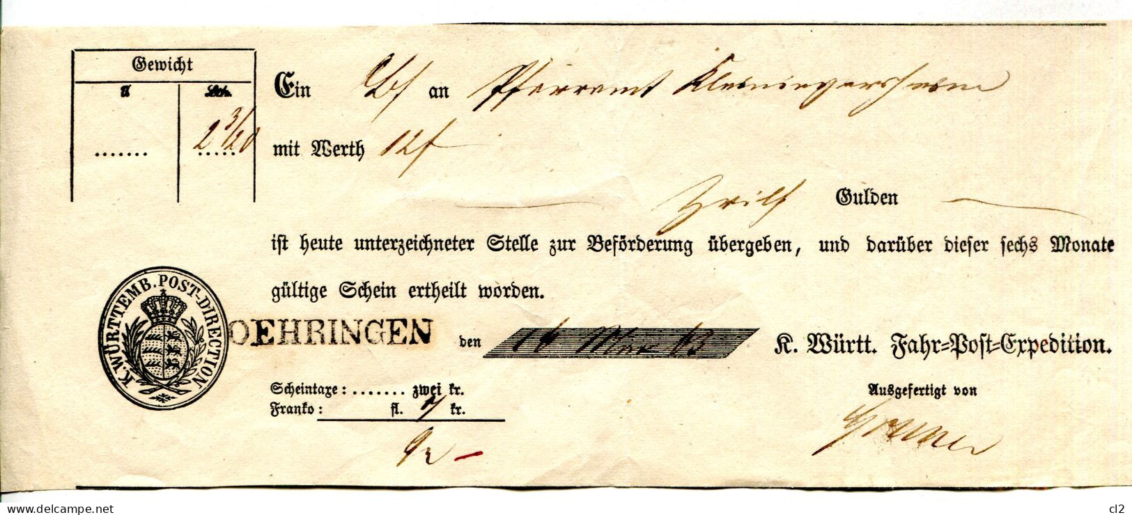 K.WURTEMB.POST-DIRECTION  - 16.03.1863 - Postschein OERINGEN - Brieven En Documenten