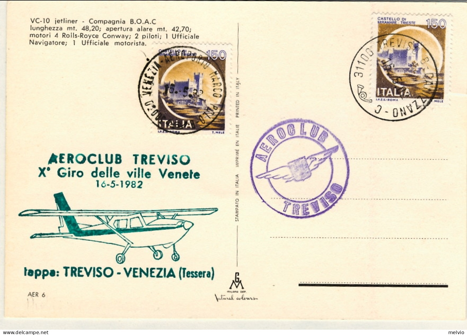 1982-cartolina Illustrata BOAC VC 10 Bollo Aereo Club Treviso X Giro Delle Ville - 1981-90: Marcophilie