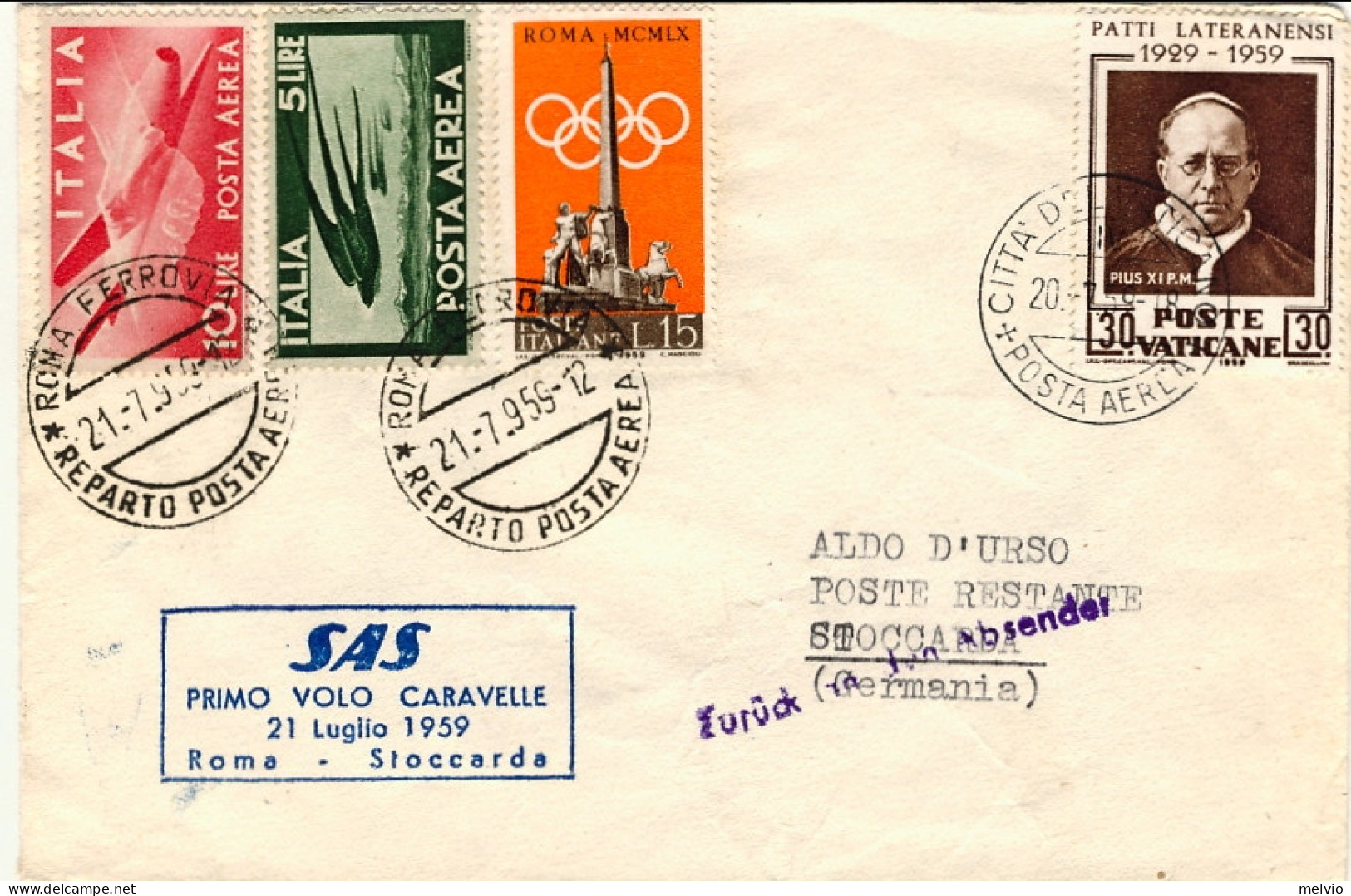 Vaticano-1959 Affrancatura Mista Con Italia I^volo SAS Caravelle Roma Stoccarda  - Aéreo
