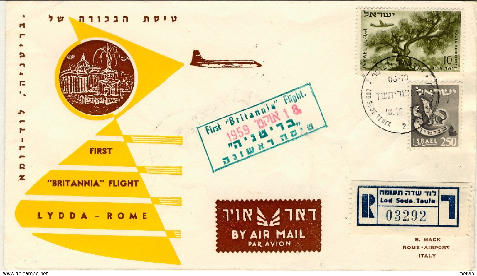 1959-Israele Raccomandata I^volo Britannia Lydda Roma Del 18 Ottobre - Poste Aérienne