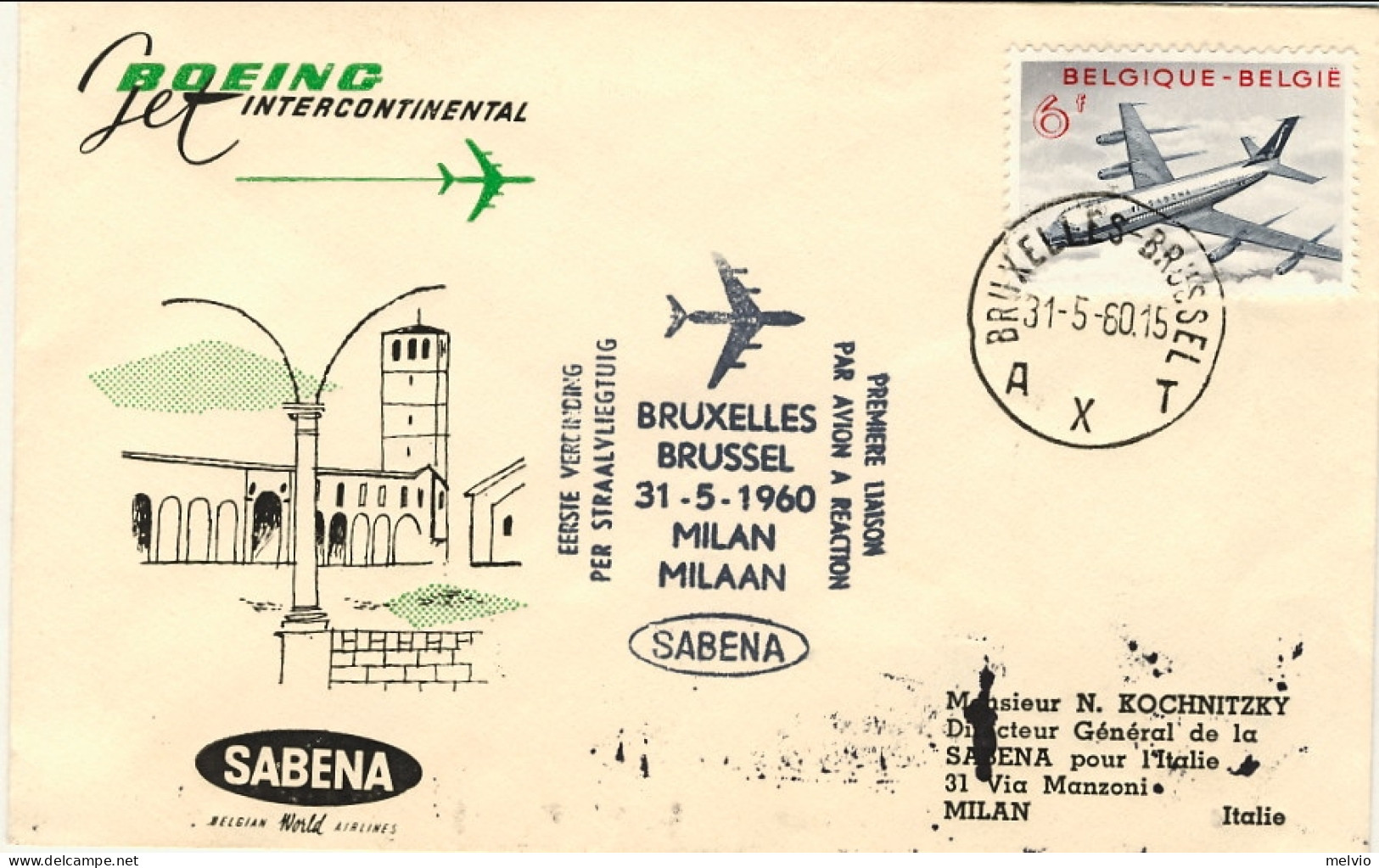 1960-Belgique Belgium Belgio I^volo Sabena Bruxelles Milano Del 31 Maggio - Storia Postale