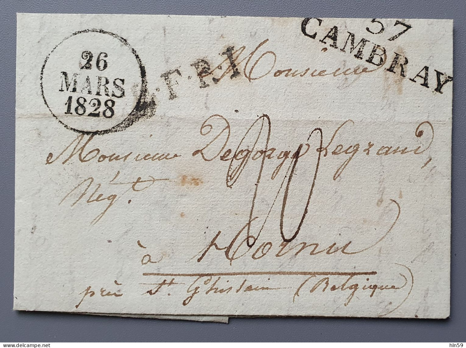 L199 LETTRE 1828 De CAMBRAI  à HORNU (MONS) MARQUE 57 CAMBRAY TAD BLEU TYPE A 23 Mm + LFRI + FRANKRYK DER BERGEN - 1801-1848: Precursors XIX