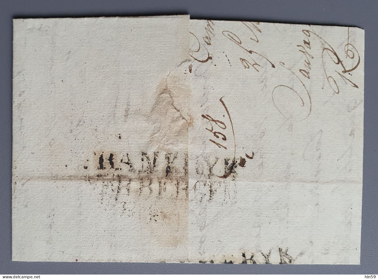 L199 LETTRE 1828 De CAMBRAI  à HORNU (MONS) MARQUE 57 CAMBRAY TAD BLEU TYPE A 23 Mm + LFRI + FRANKRYK DER BERGEN - 1801-1848: Precursors XIX