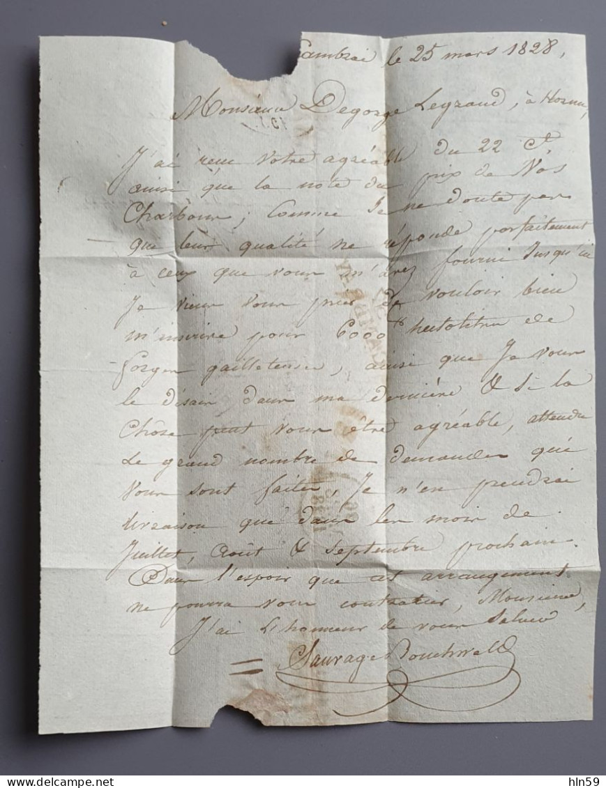 L199 LETTRE 1828 De CAMBRAI  à HORNU (MONS) MARQUE 57 CAMBRAY TAD BLEU TYPE A 23 Mm + LFRI + FRANKRYK DER BERGEN - 1801-1848: Precursors XIX