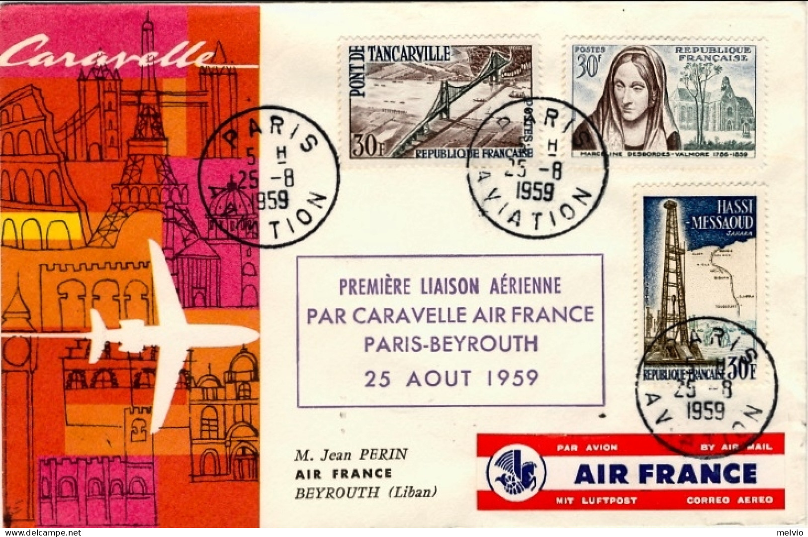 1959-France Francia I^volo Caravelle Della Air France Paris-Beyrouth Del 25 Agos - 1921-1960: Moderne