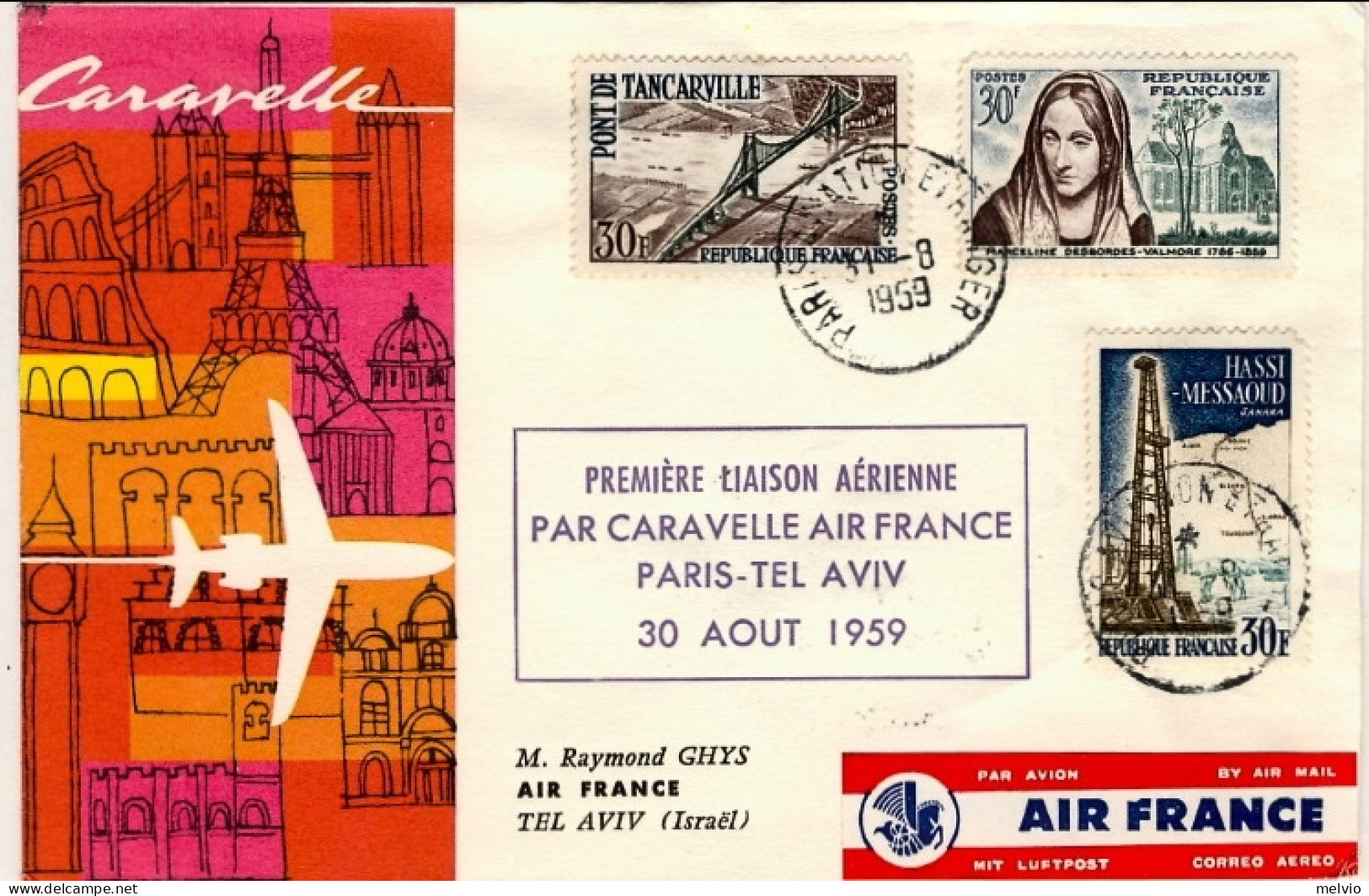 1959-France Francia I^volo Caravelle Della Air France Paris-Tel Aviv Del 30 Agos - 1921-1960: Moderne